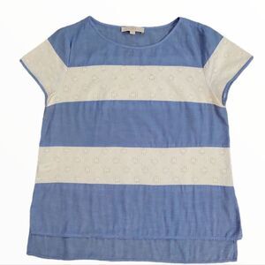 LN LOFT EYELET LACE STRIPED 100% COTTON SHORT SLEEVED BLOUSE SZ. M